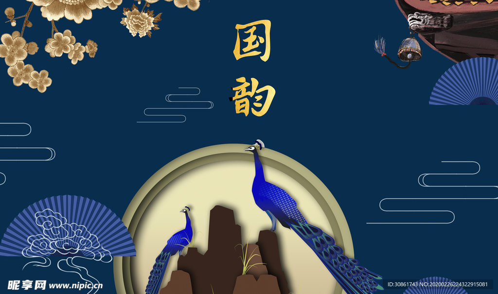 孔雀中式背景墙壁画