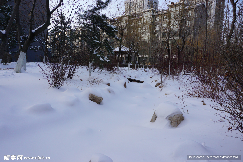 冬天住宅园区里的园林雪景