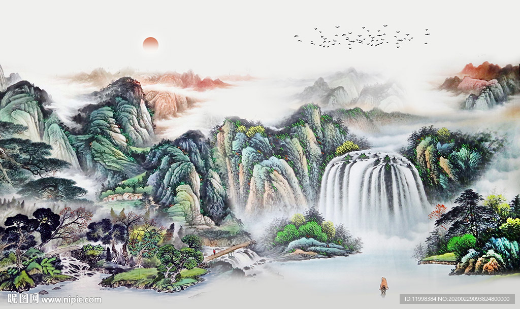 瀑布山水背景墙