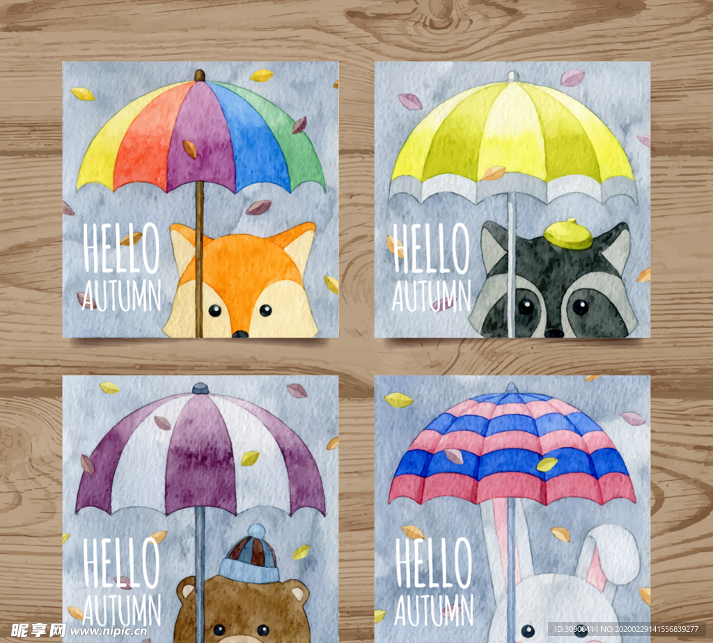 4款彩绘秋季撑伞动物卡片矢量图