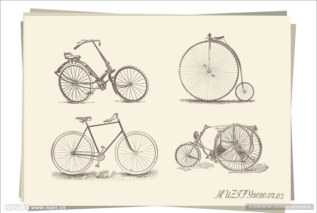 4款入 复古自行车手绘稿