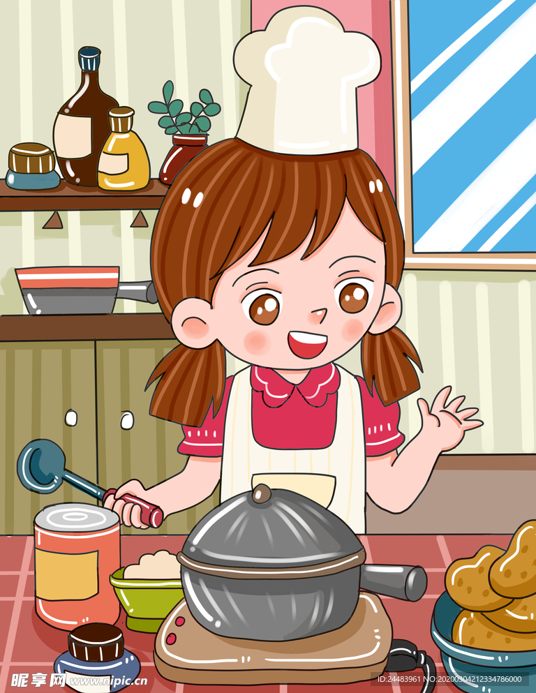 做饭的女孩插画