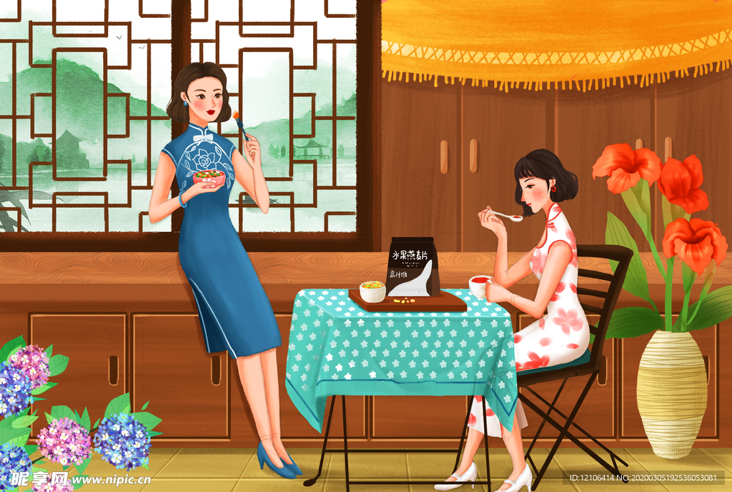 女性养生插画之速食早餐