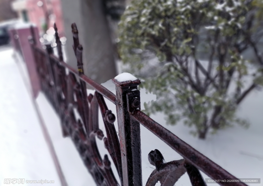 冰冻栏杆上的雪