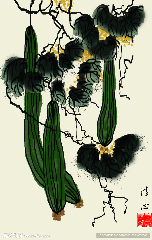 黄瓜  水墨装饰画