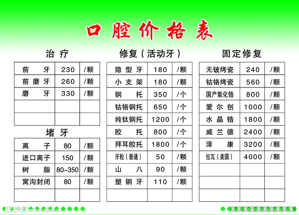 口腔价格表