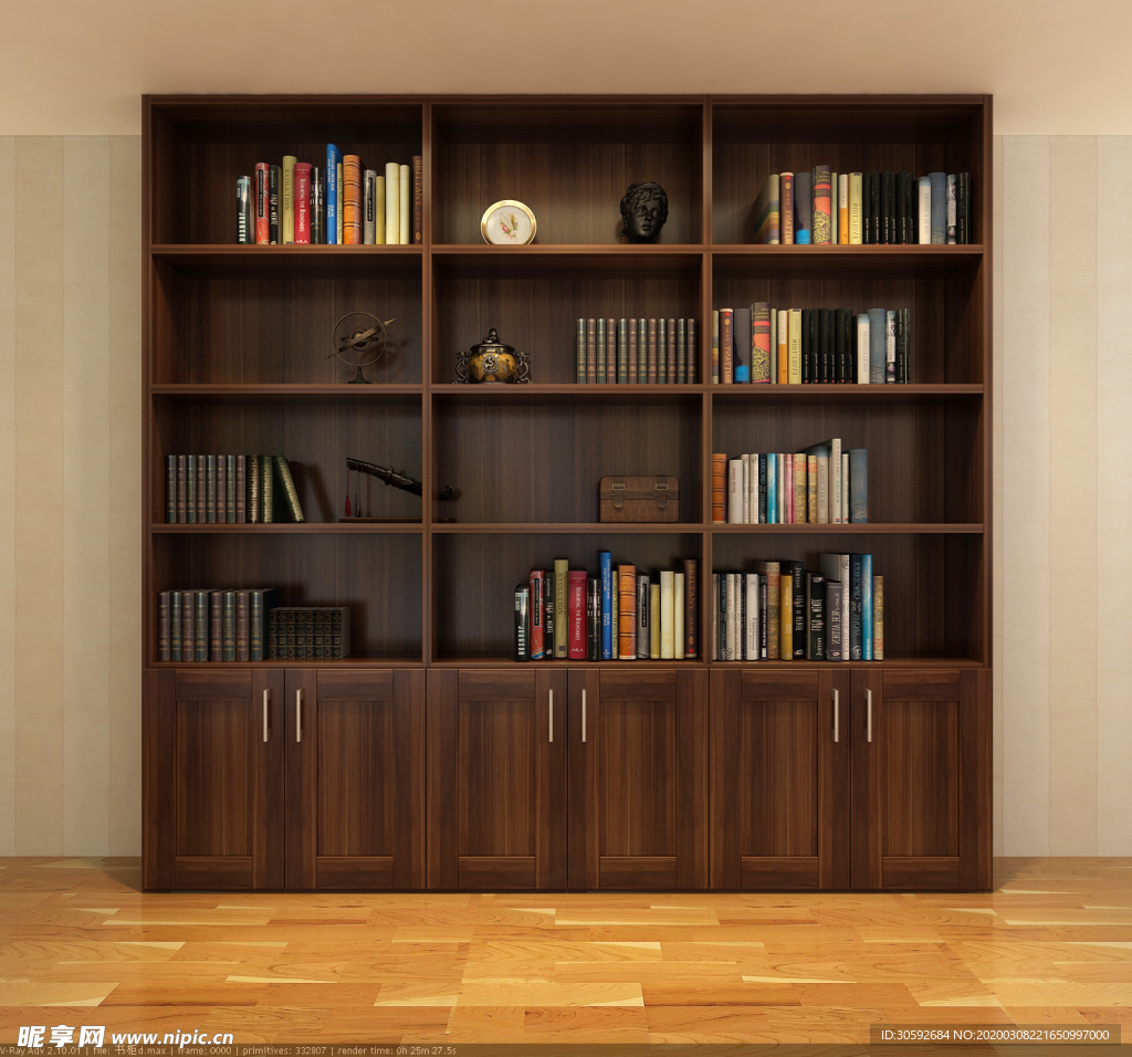 家庭书柜设计效果图,靠墙书桌书柜效果图,简单大气的书柜图片_大山谷图库