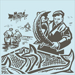 渔夫打鱼小船卡通手绘素材