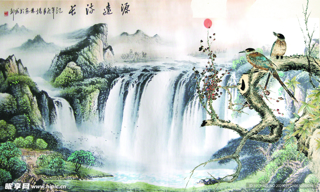 源远流长山水画瀑布中式电视背景