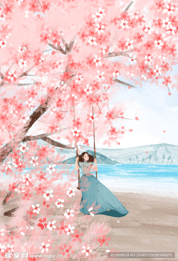 樱花树下荡秋千的小女孩