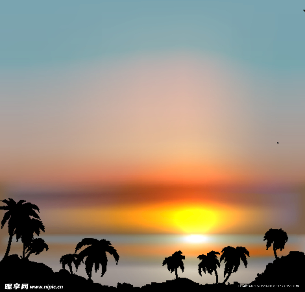 小岛日出夕阳背景海报卡通唯美