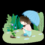 撑伞蹲着看花的女孩免扣素材