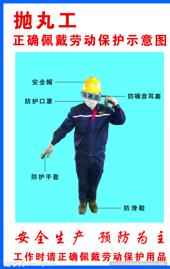 抛丸工正确佩戴劳动保护示意图