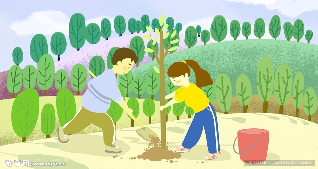 手绘植树学生插画