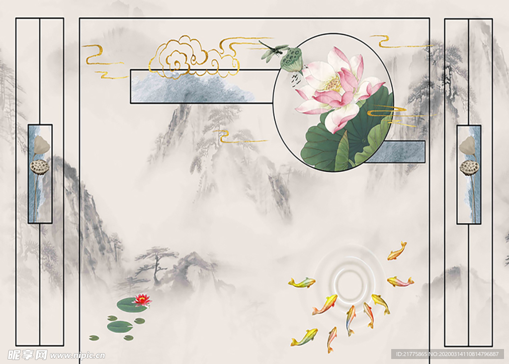 新中式手绘电视背景墙沙发背景墙