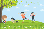 孩子们在树下看书玩耍