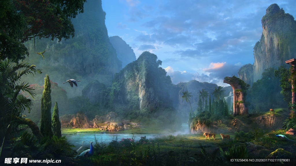 彩色动漫风景插画背景