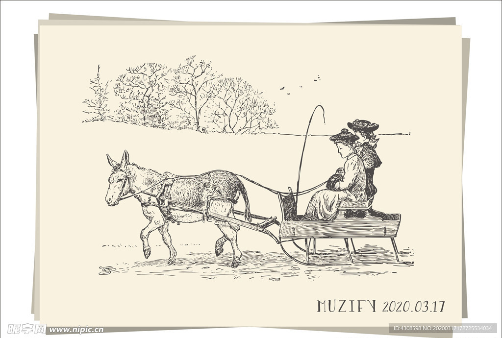 坐驴车的女子素描画