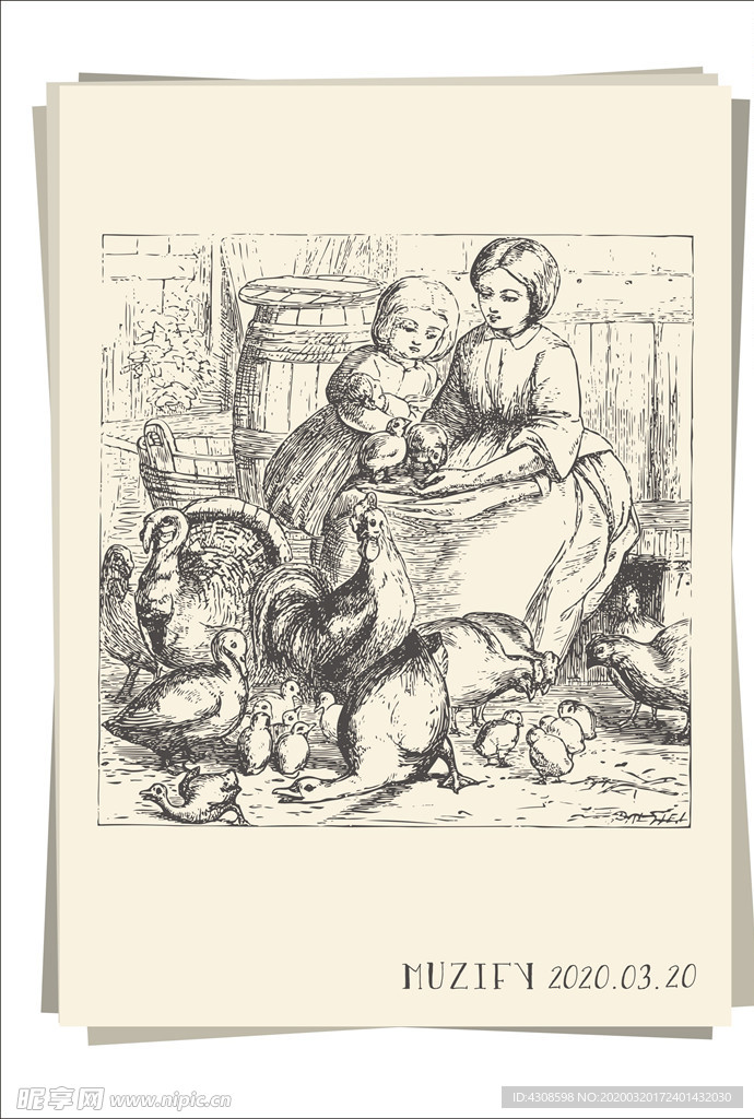 鸡舍里的母亲与女儿 素描画