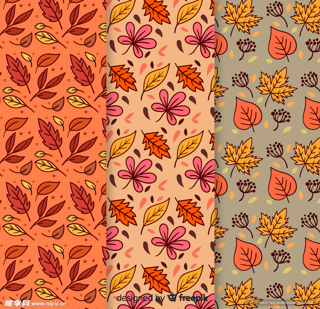 3款彩色秋季 树叶无缝背景