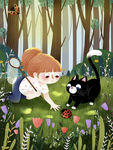 手绘草地上的黑猫和女孩插画图片