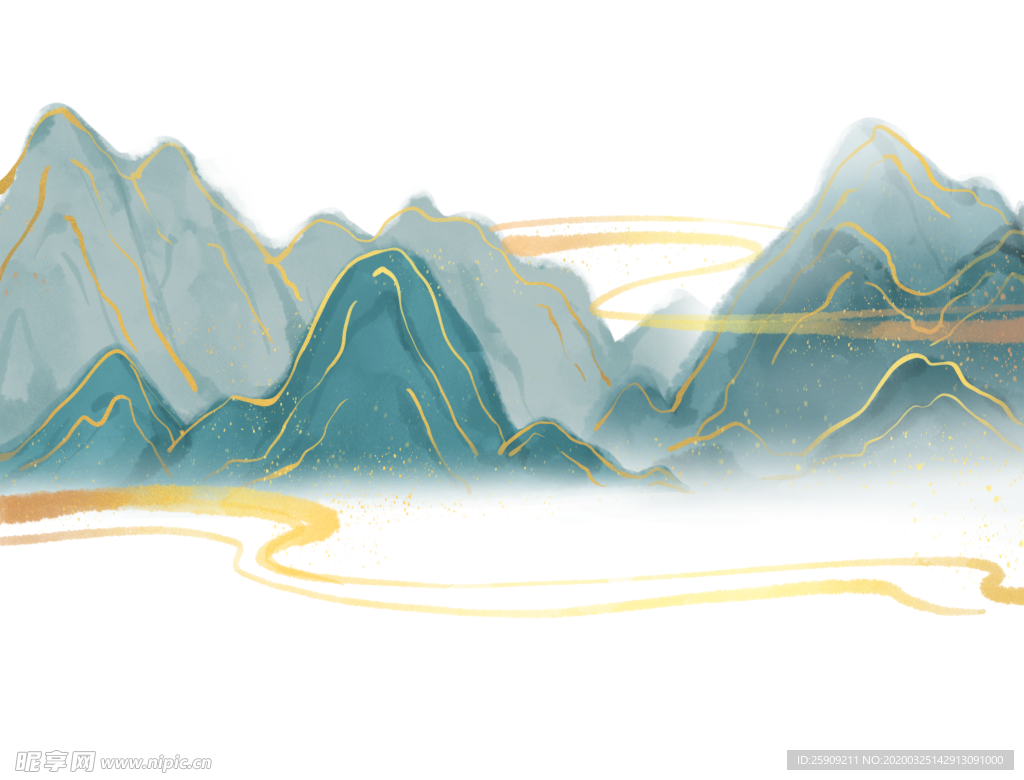 中式 山水 金线 水墨 江山