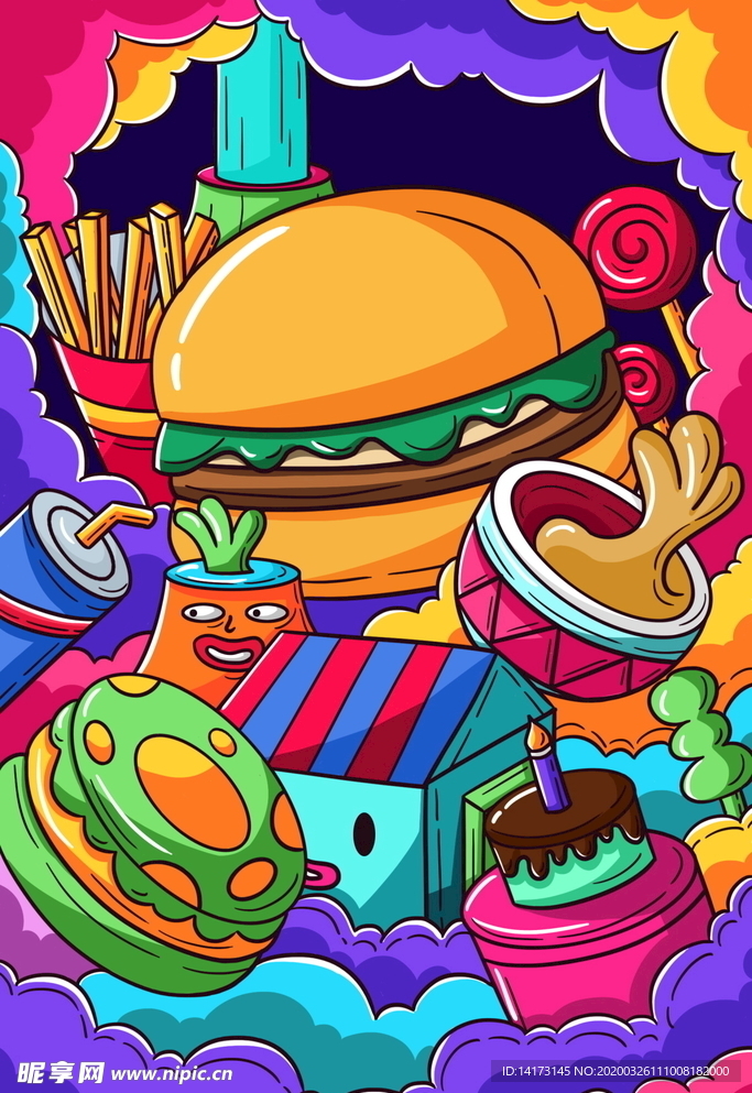 蒸汽波汉堡美食插画图片