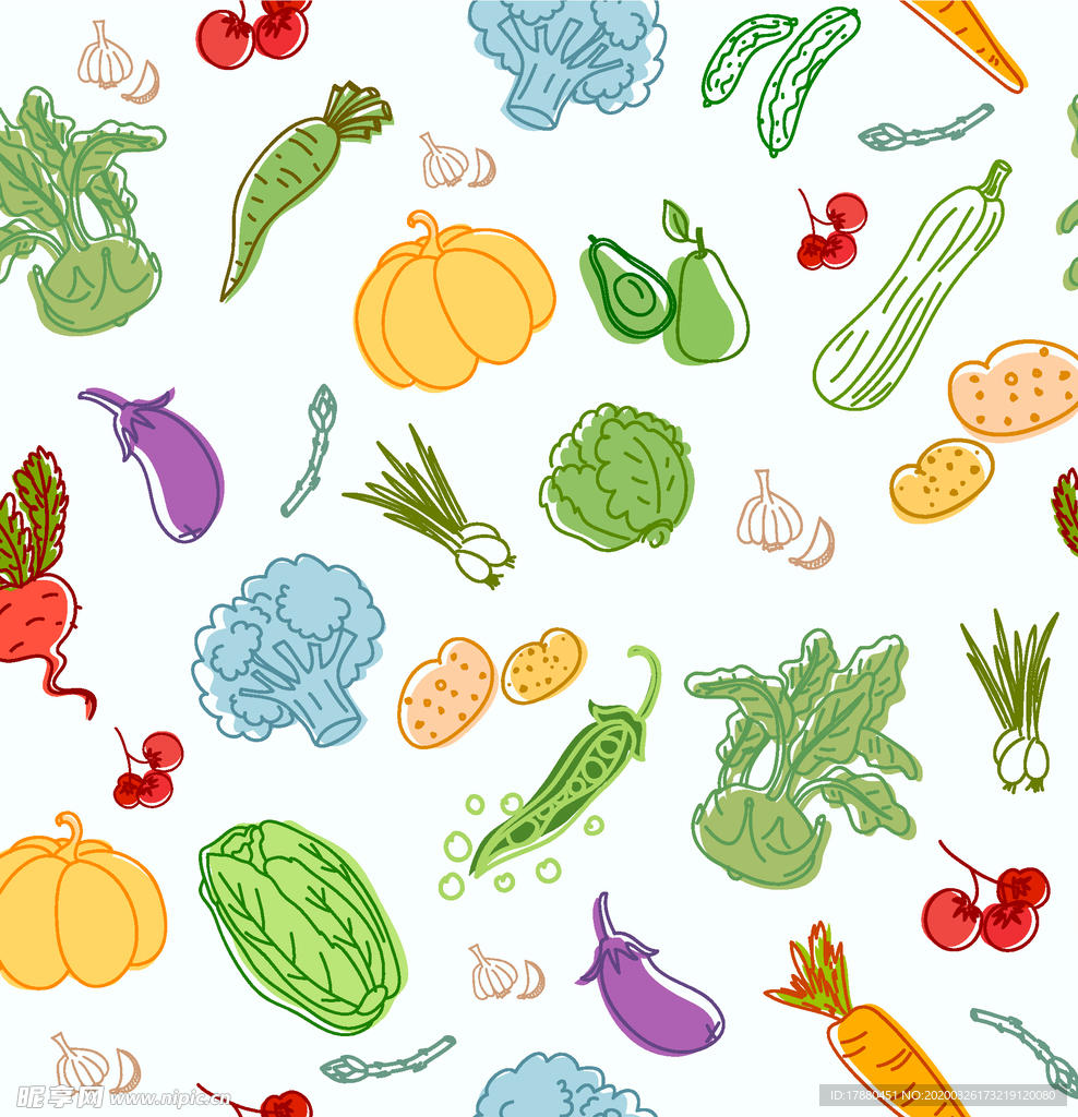 彩绘蔬菜水果无缝背景
