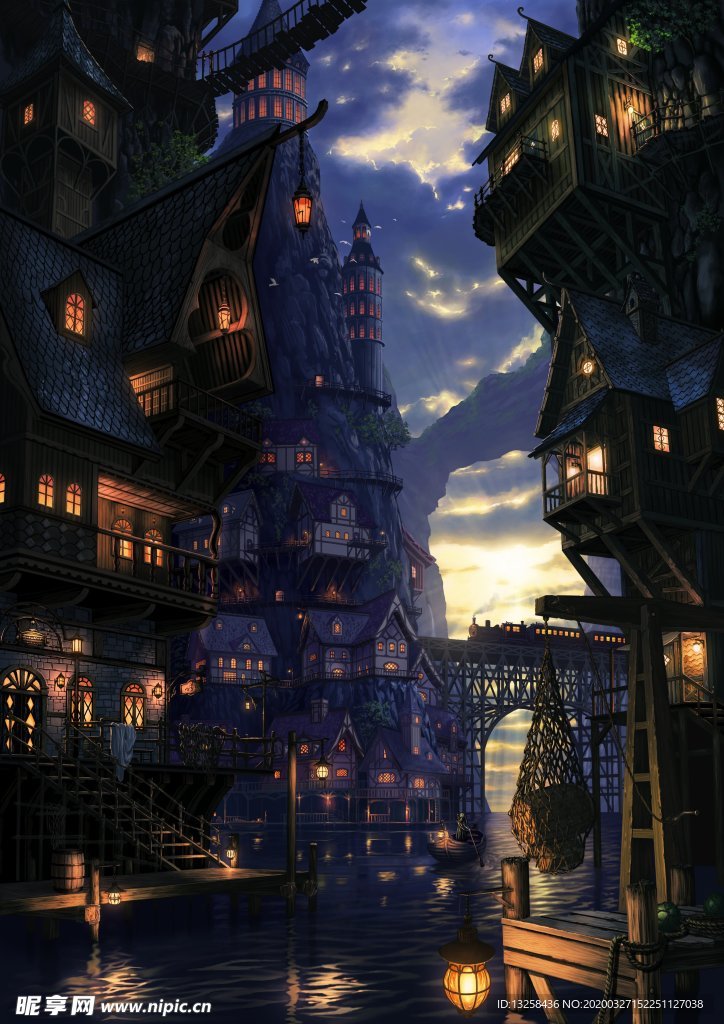 彩色动漫建筑风景背景
