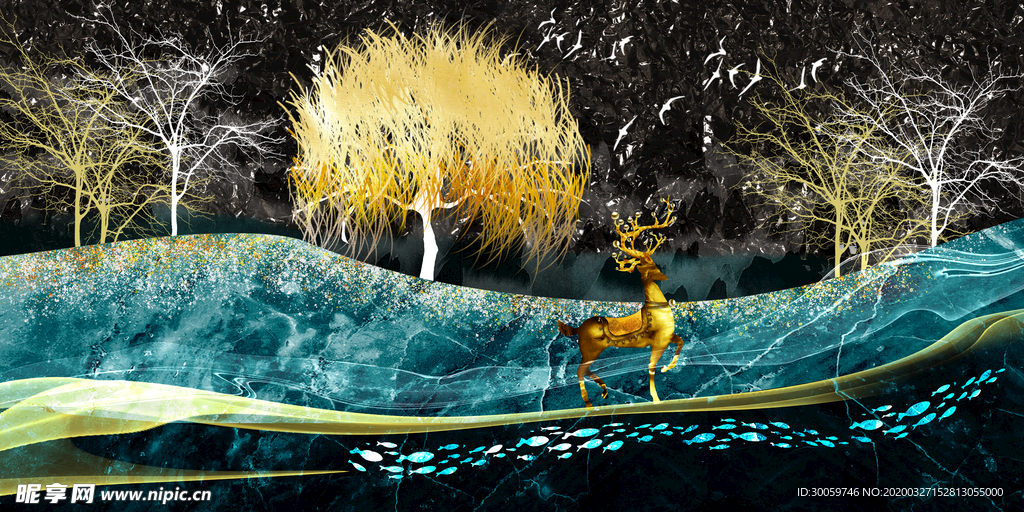 发财树麋鹿鱼抽象风景装饰画