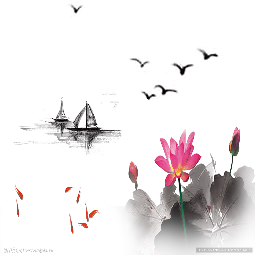 中国风荷叶荷花绘画