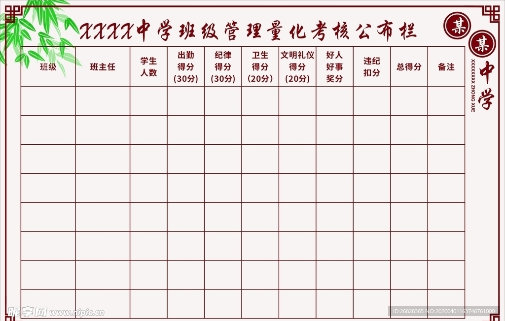 班级管理量化考核公布栏