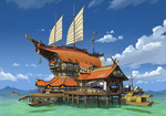 彩色插画海边木屋风景