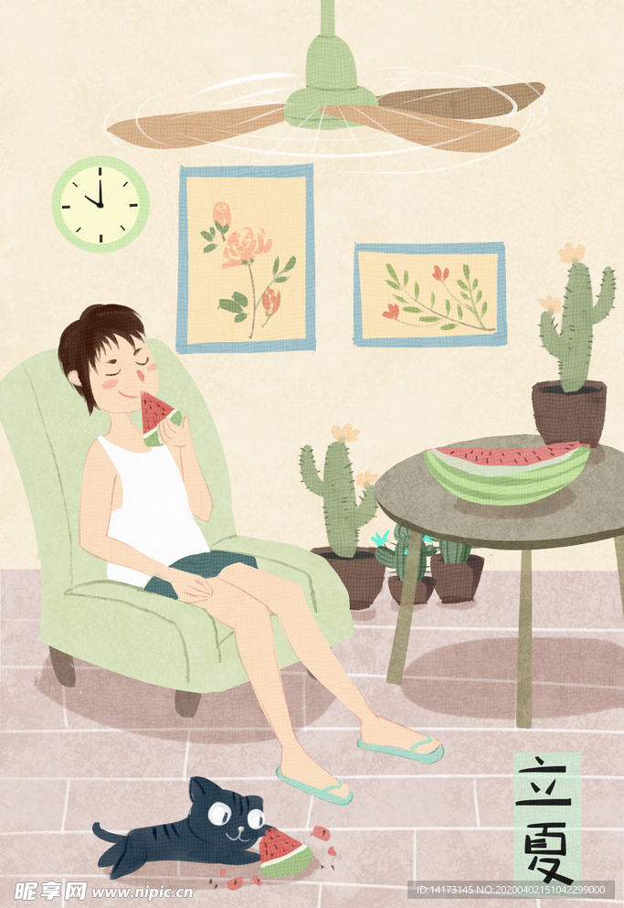 夏天吃西瓜的男孩插画
