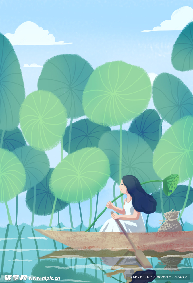 荷叶女孩插画