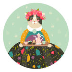 喝茶猫夫人北欧森系动物插画
