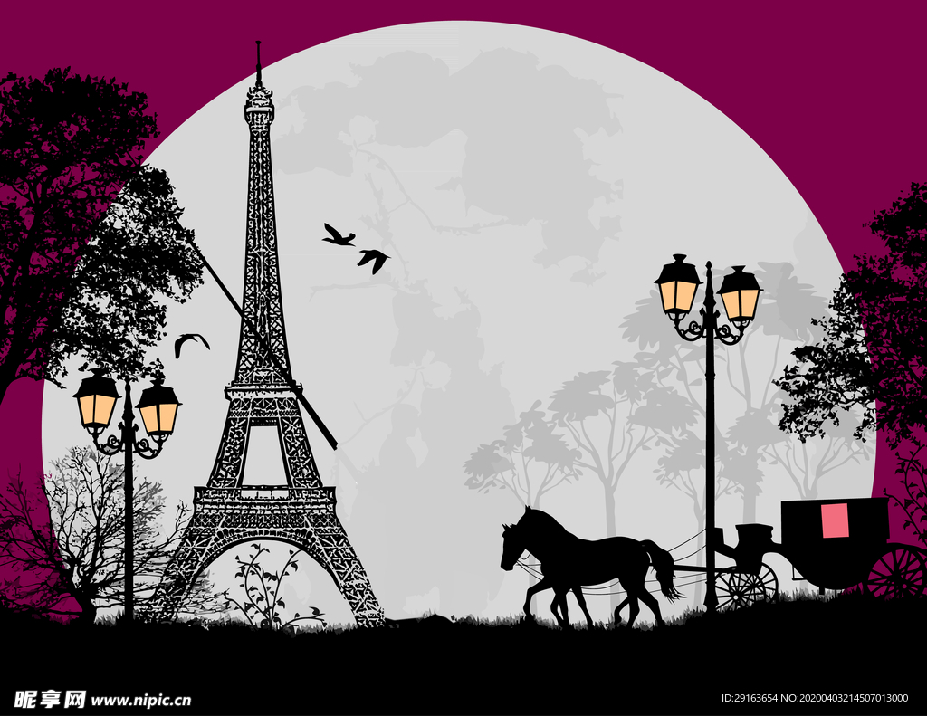 巴黎铁塔风景手绘