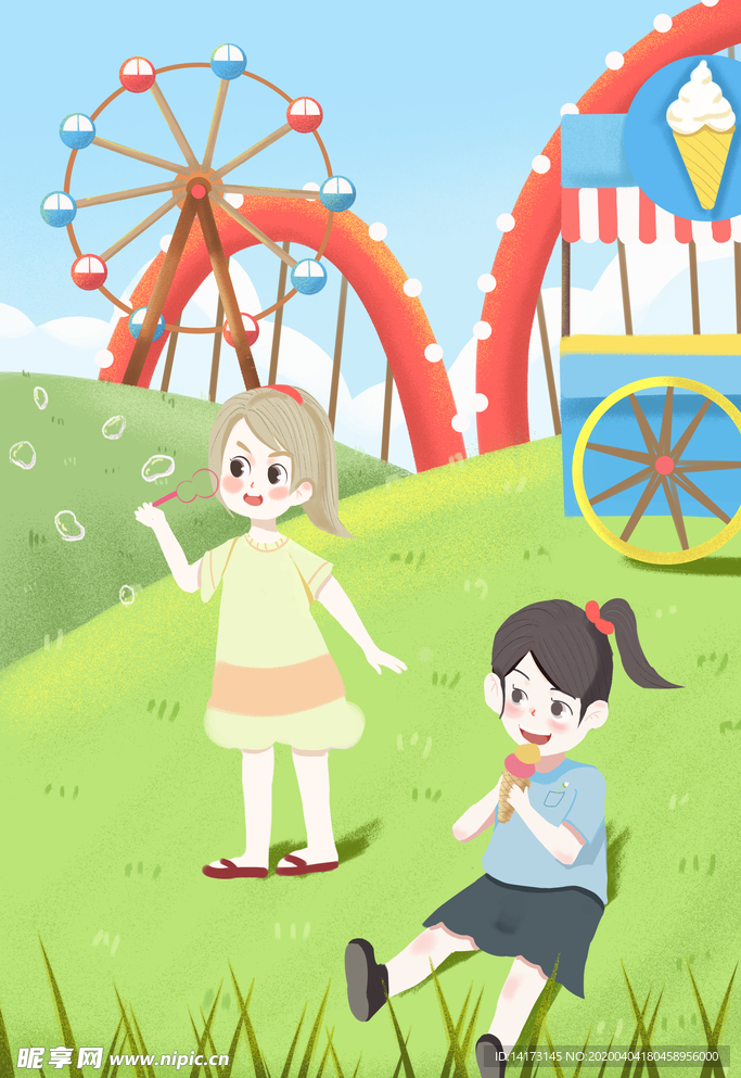 游乐场女孩儿童节原创插画