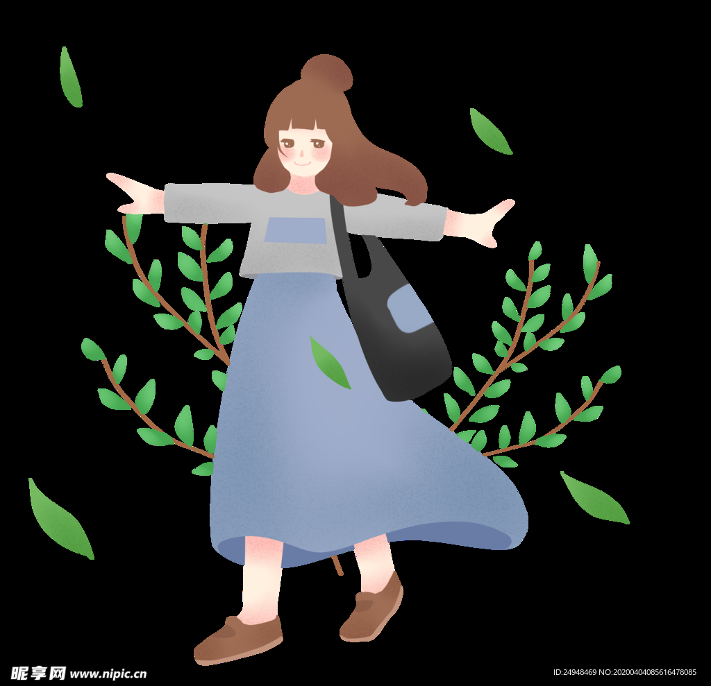 背着黑色的包踏青的女孩_