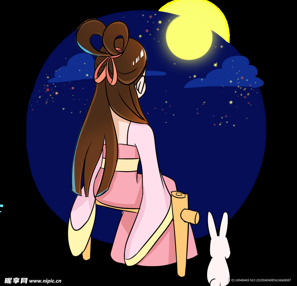 中秋节嫦娥玉兔遥望家乡插画
