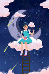 月亮流星云朵女孩插画