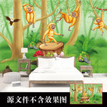 动物森林猴子儿童房背景墙