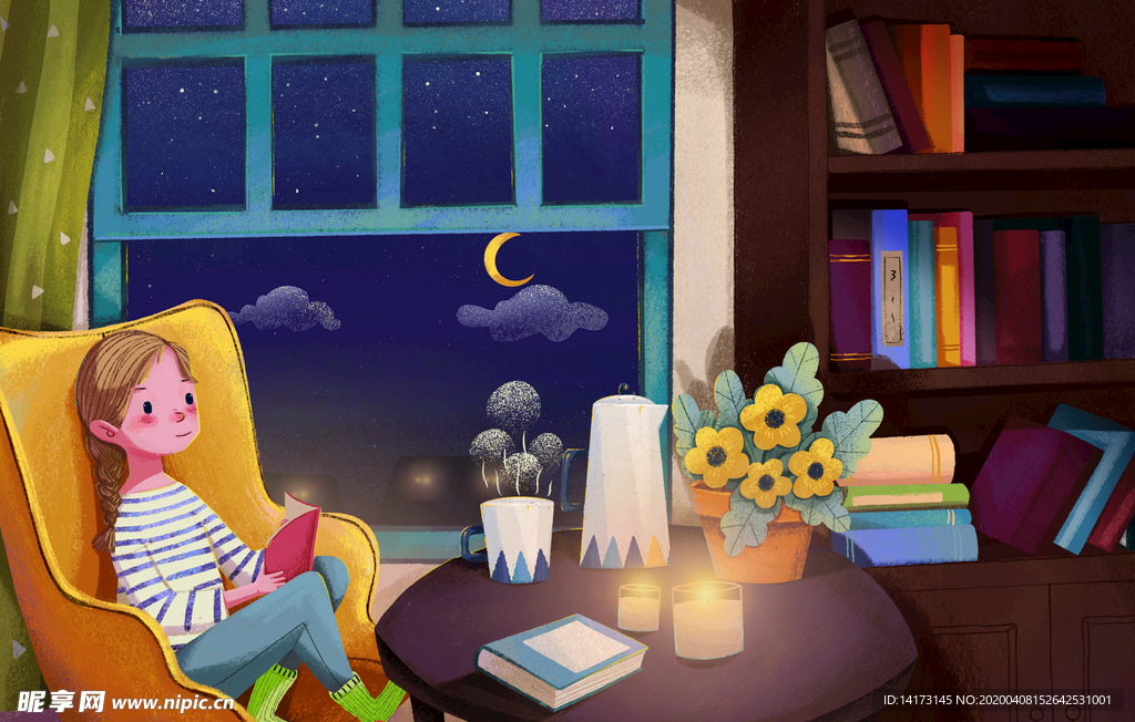 夜晚看书读书女孩插画