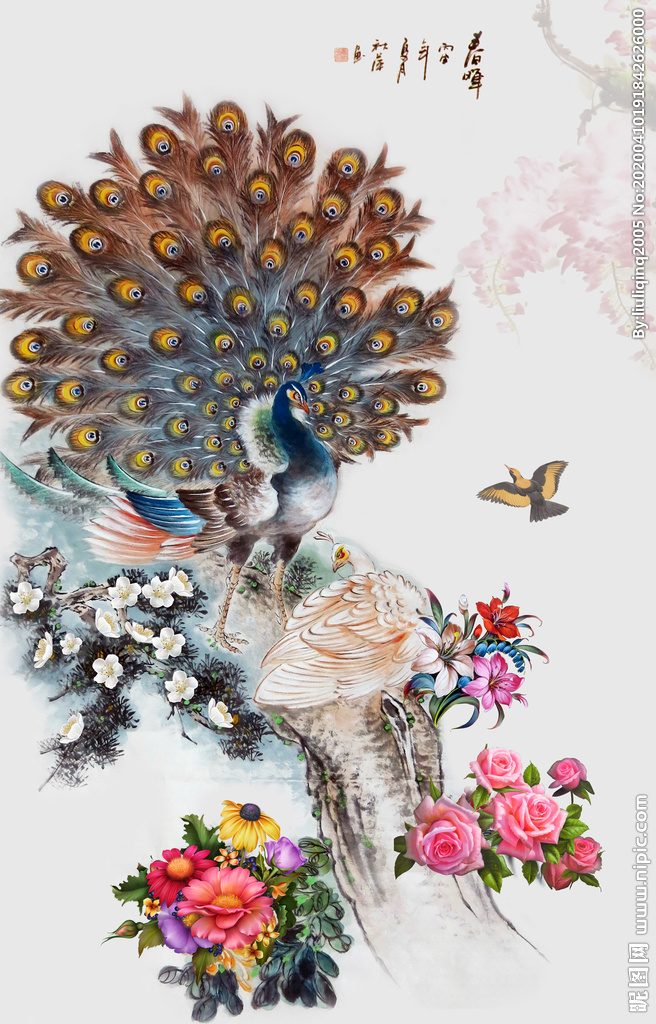 牡丹孔雀花鸟壁画