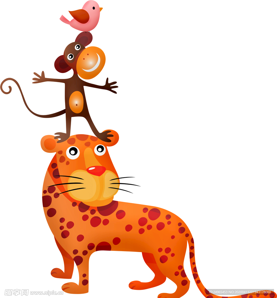 小鸟猴子老虎卡通插图