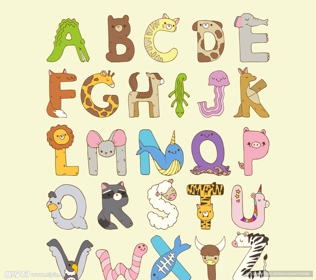 26个彩色动物字母艺术字