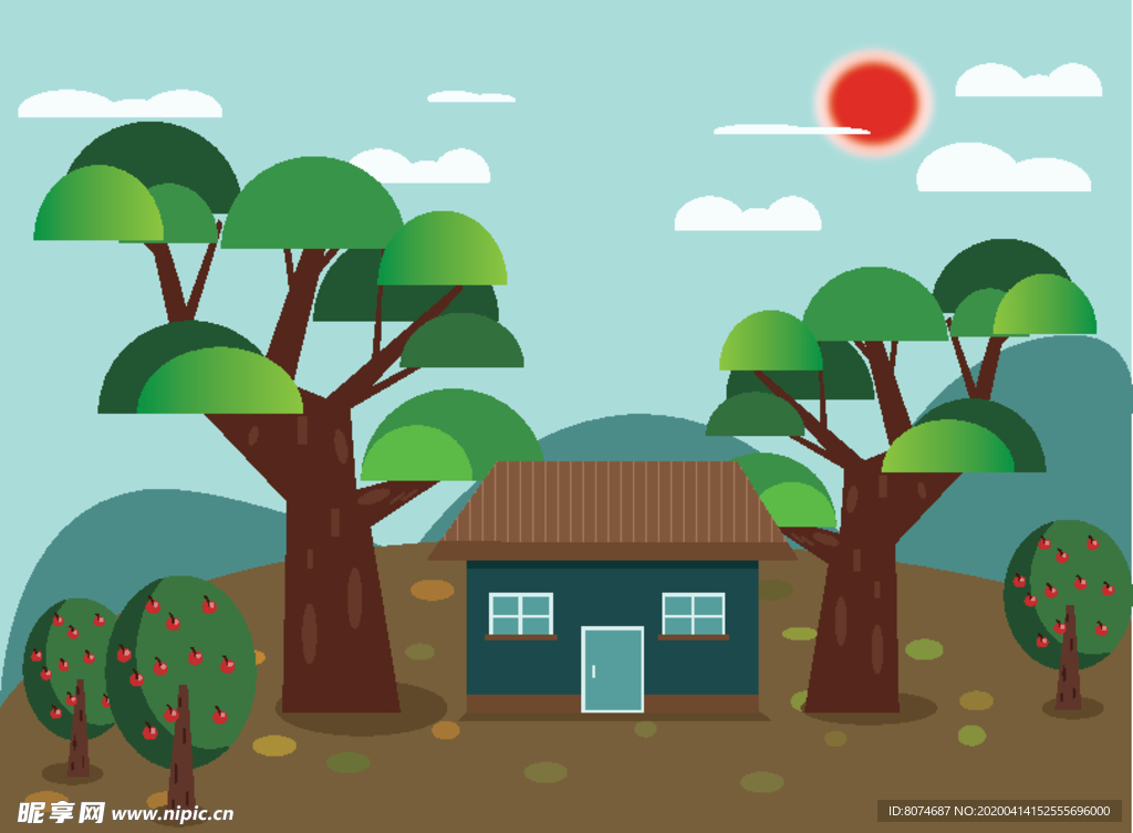 绿树环绕山村小房子矢量插画