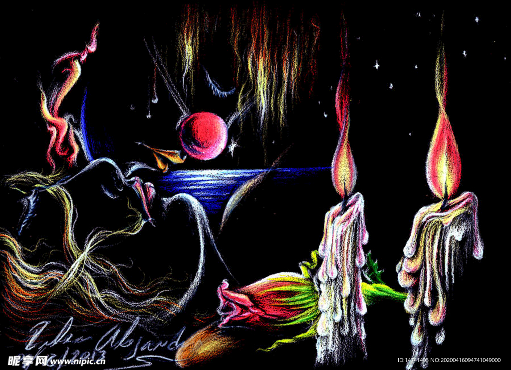 抽象斑驳手绘黑底蜡烛火焰明月海