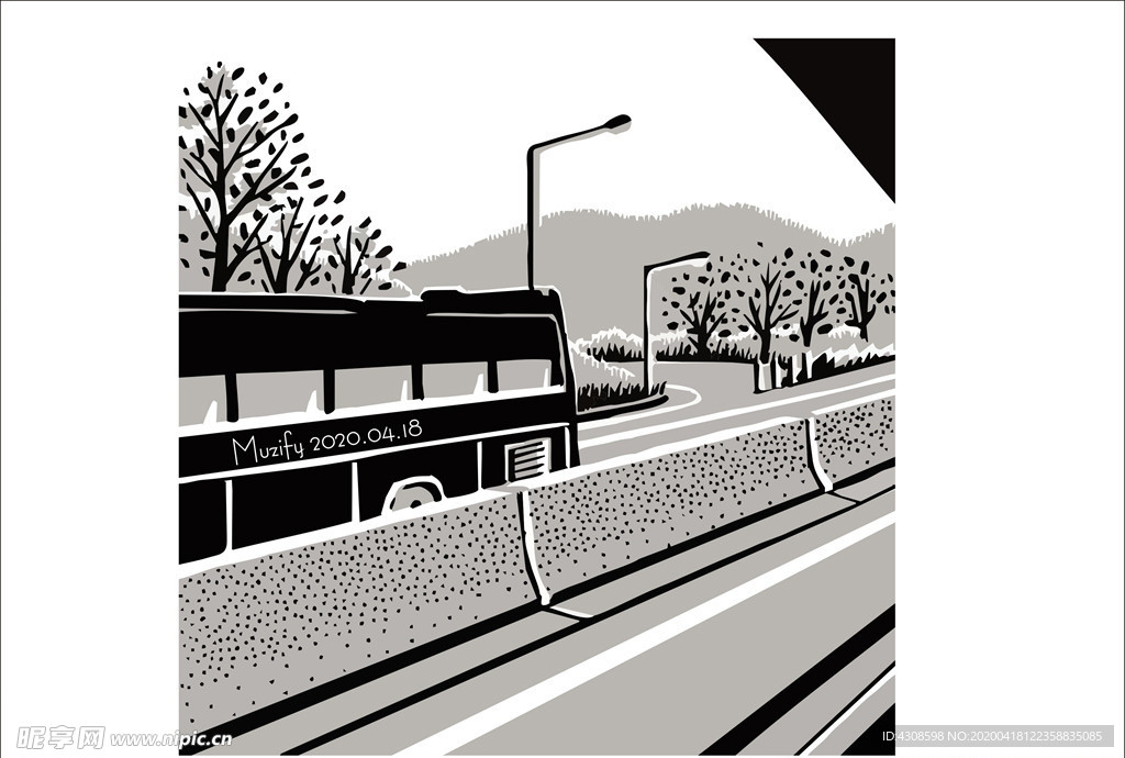 高速路上的大巴车 黑白插画