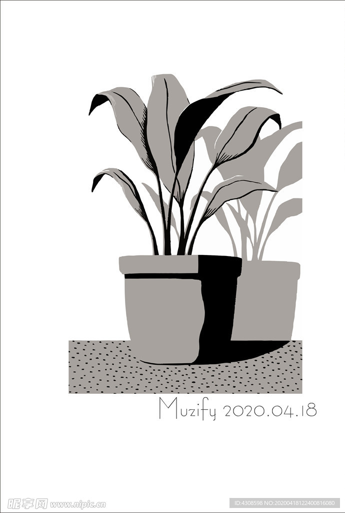 植物盆栽 黑白插画